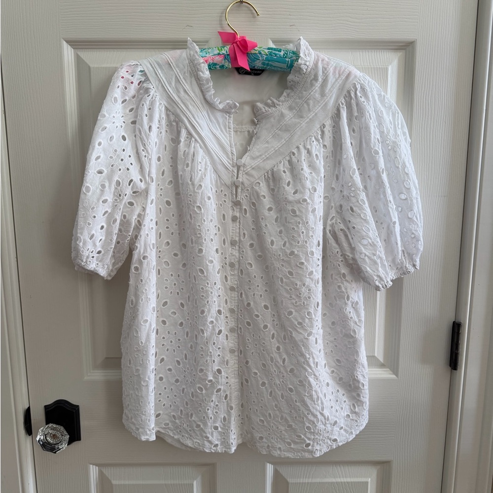 White Eyelet Blouse XL/XXL puff sleeves, ruffle collar - Spring & Easter!